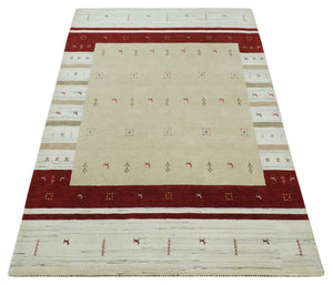 Tribal 5x8 Beige, Ivory and Maroon Stripes Wool Hand Woven Southwestern Gabbeh Rug | KNT30
