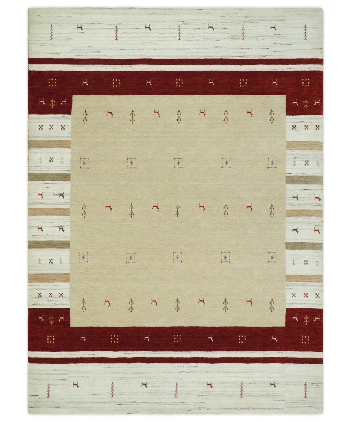Tribal 5x8 Beige, Ivory and Maroon Stripes Wool Hand Woven Southwestern Gabbeh Rug | KNT30