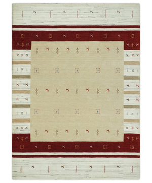 Tribal 5x8 Beige, Ivory and Maroon Stripes Wool Hand Woven Southwestern Gabbeh Rug | KNT30