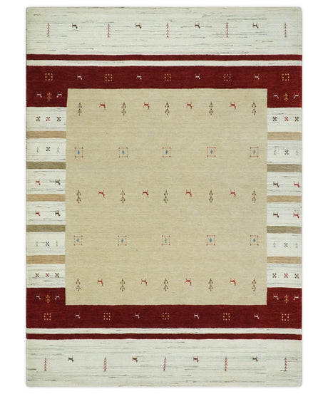 Tribal 5x8 Beige, Ivory and Maroon Stripes Wool Hand Woven Southwestern Gabbeh Rug | KNT30