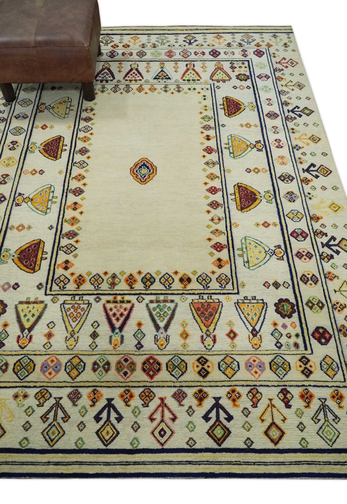 Tribal Art 5x7 Ivory and Beige Hand Spun Wool Hand Woven Southwestern Gabbeh Rug | KNT43