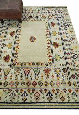 Tribal Art 5x7 Ivory and Beige Hand Spun Wool Hand Woven Southwestern Gabbeh Rug | KNT43