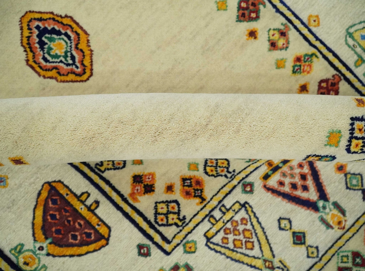 Tribal Art 5x7 Ivory and Beige Hand Spun Wool Hand Woven Southwestern Gabbeh Rug | KNT43