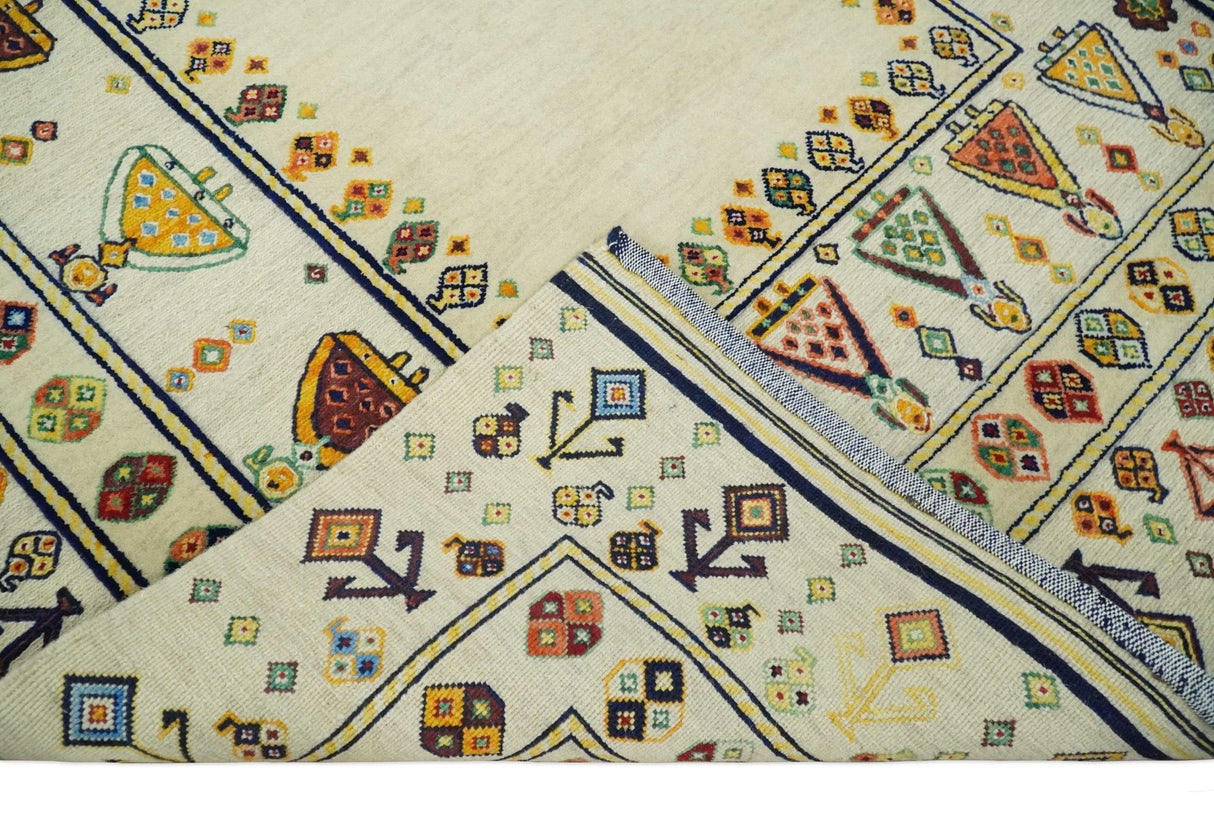Tribal Art 5x7 Ivory and Beige Hand Spun Wool Hand Woven Southwestern Gabbeh Rug | KNT43