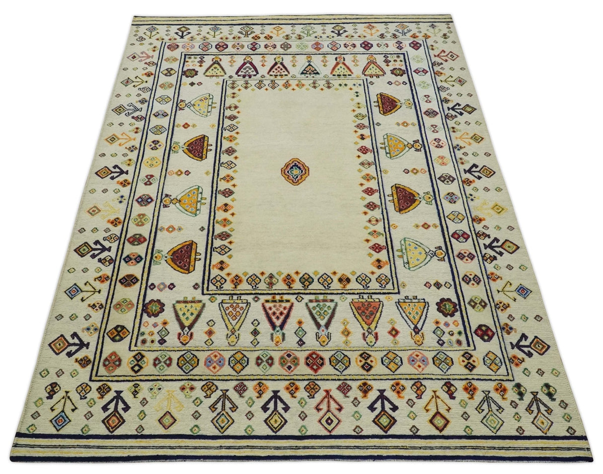 Tribal Art 5x7 Ivory and Beige Hand Spun Wool Hand Woven Southwestern Gabbeh Rug | KNT43
