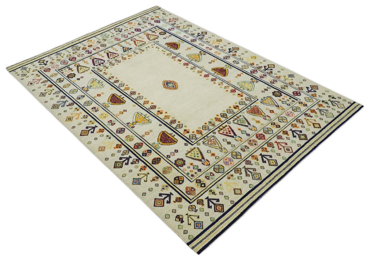 Tribal Art 5x7 Ivory and Beige Hand Spun Wool Hand Woven Southwestern Gabbeh Rug | KNT43