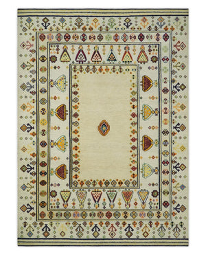 Tribal Art 5x7 Ivory and Beige Hand Spun Wool Hand Woven Southwestern Gabbeh Rug | KNT43