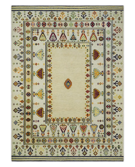 Tribal Art 5x7 Ivory and Beige Hand Spun Wool Hand Woven Southwestern Gabbeh Rug | KNT43
