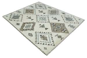 Tribal Design 8x10 Ivory and Brown Traditional Geometrical Pattern Hand Knotted Wool Area Rug