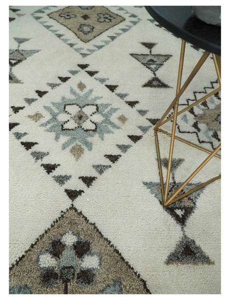 Tribal Design 8x10 Ivory and Brown Traditional Geometrical Pattern Hand Knotted Wool Area Rug