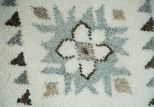 Tribal Design 8x10 Ivory and Brown Traditional Geometrical Pattern Hand Knotted Wool Area Rug