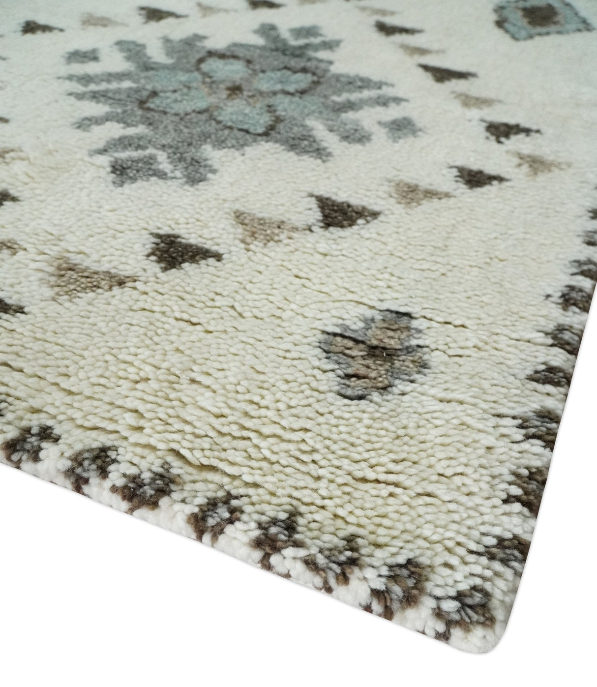Tribal Design 8x10 Ivory and Brown Traditional Geometrical Pattern Hand Knotted Wool Area Rug