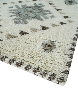 Tribal Design 8x10 Ivory and Brown Traditional Geometrical Pattern Hand Knotted Wool Area Rug
