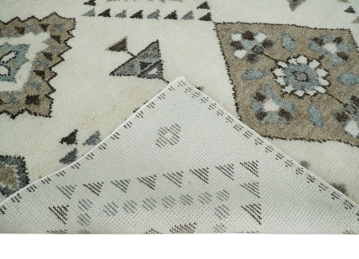 Tribal Design 8x10 Ivory and Brown Traditional Geometrical Pattern Hand Knotted Wool Area Rug