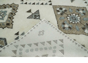 Tribal Design 8x10 Ivory and Brown Traditional Geometrical Pattern Hand Knotted Wool Area Rug