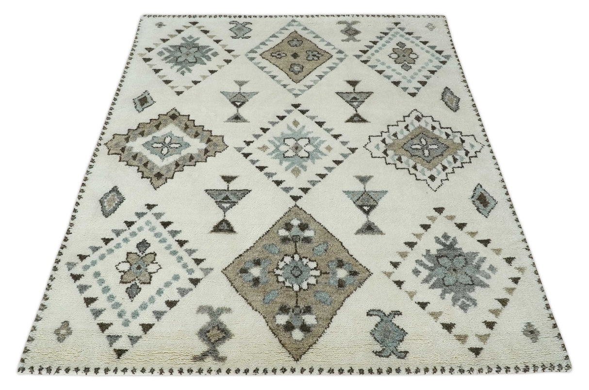 Tribal Design 8x10 Ivory and Brown Traditional Geometrical Pattern Hand Knotted Wool Area Rug