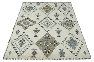 Tribal Design 8x10 Ivory and Brown Traditional Geometrical Pattern Hand Knotted Wool Area Rug
