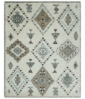 Tribal Design 8x10 Ivory and Brown Traditional Geometrical Pattern Hand Knotted Wool Area Rug