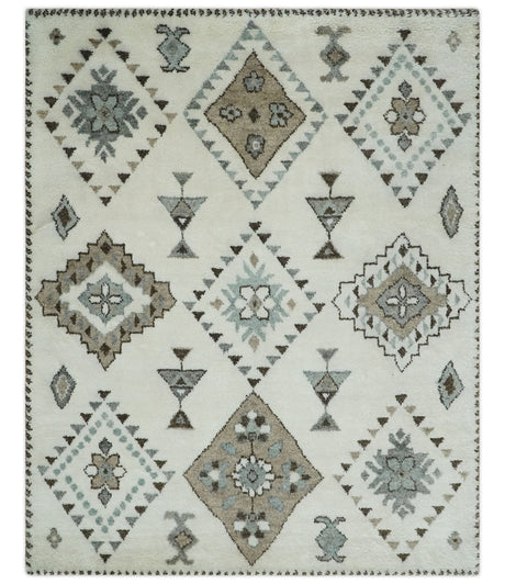 Tribal Design 8x10 Ivory and Brown Traditional Geometrical Pattern Hand Knotted Wool Area Rug