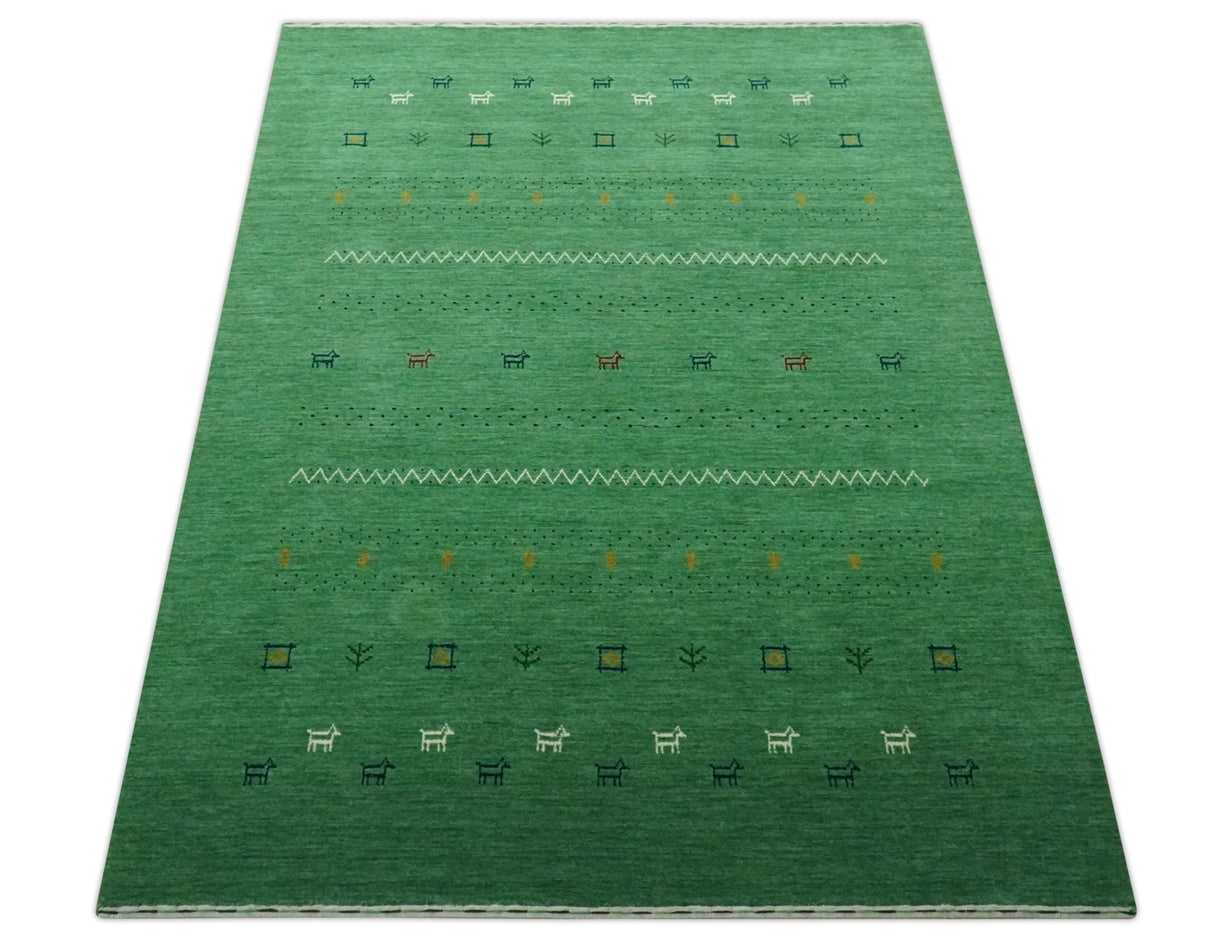 Tribal Design Green Traditional Hand loom 4.6x7 Wool Area Rug