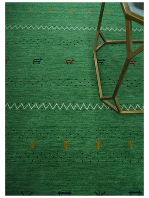 Tribal Design Green Traditional Hand loom 4.6x7 Wool Area Rug