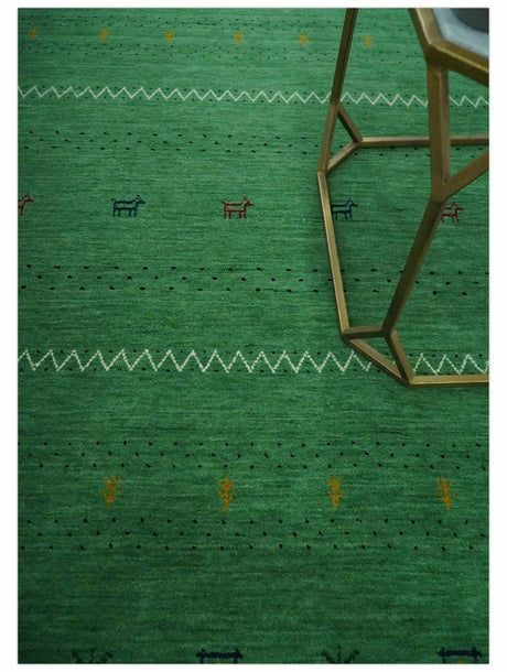 Tribal Design Green Traditional Hand loom 4.6x7 Wool Area Rug