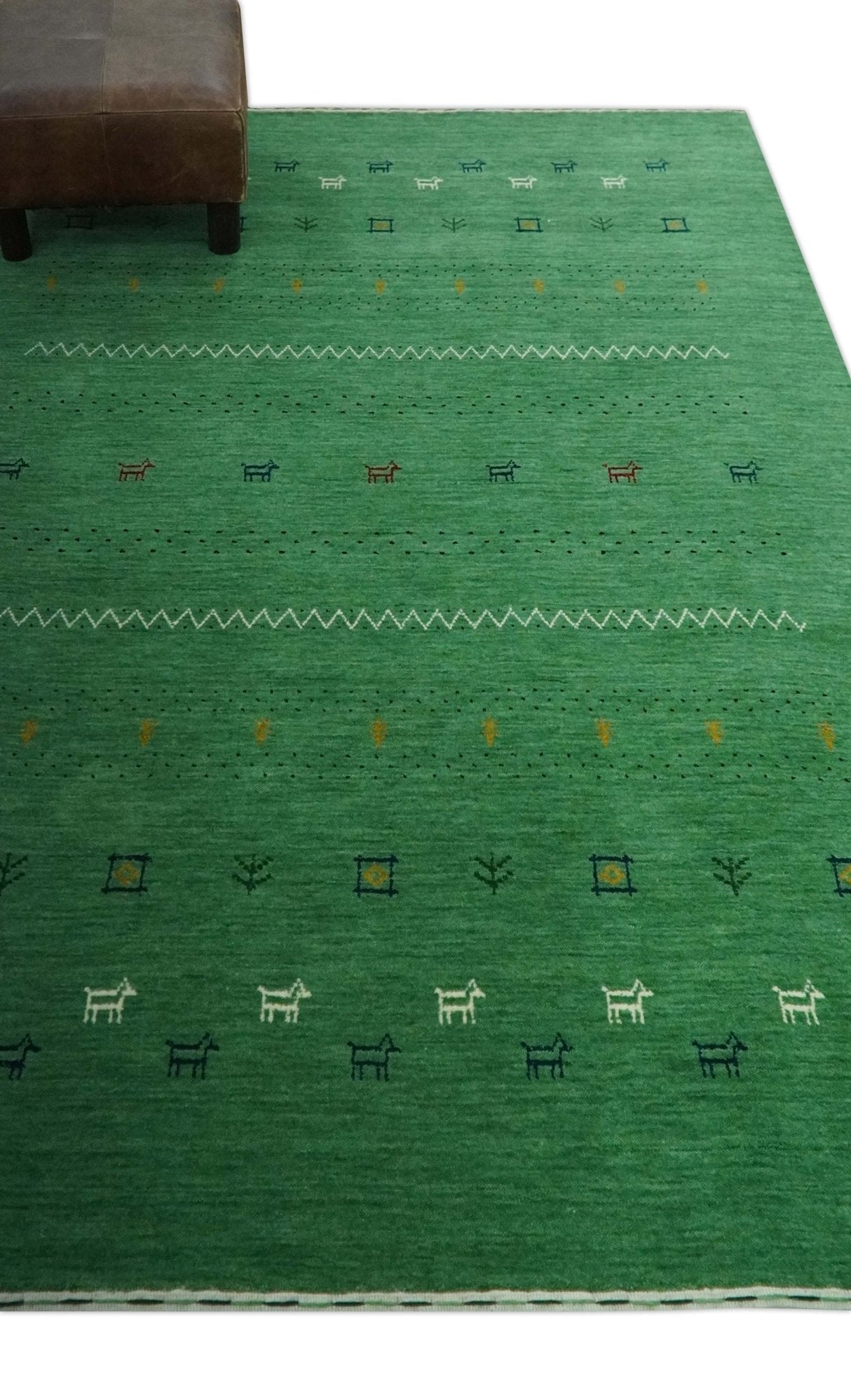 Tribal Design Green Traditional Hand loom 4.6x7 Wool Area Rug