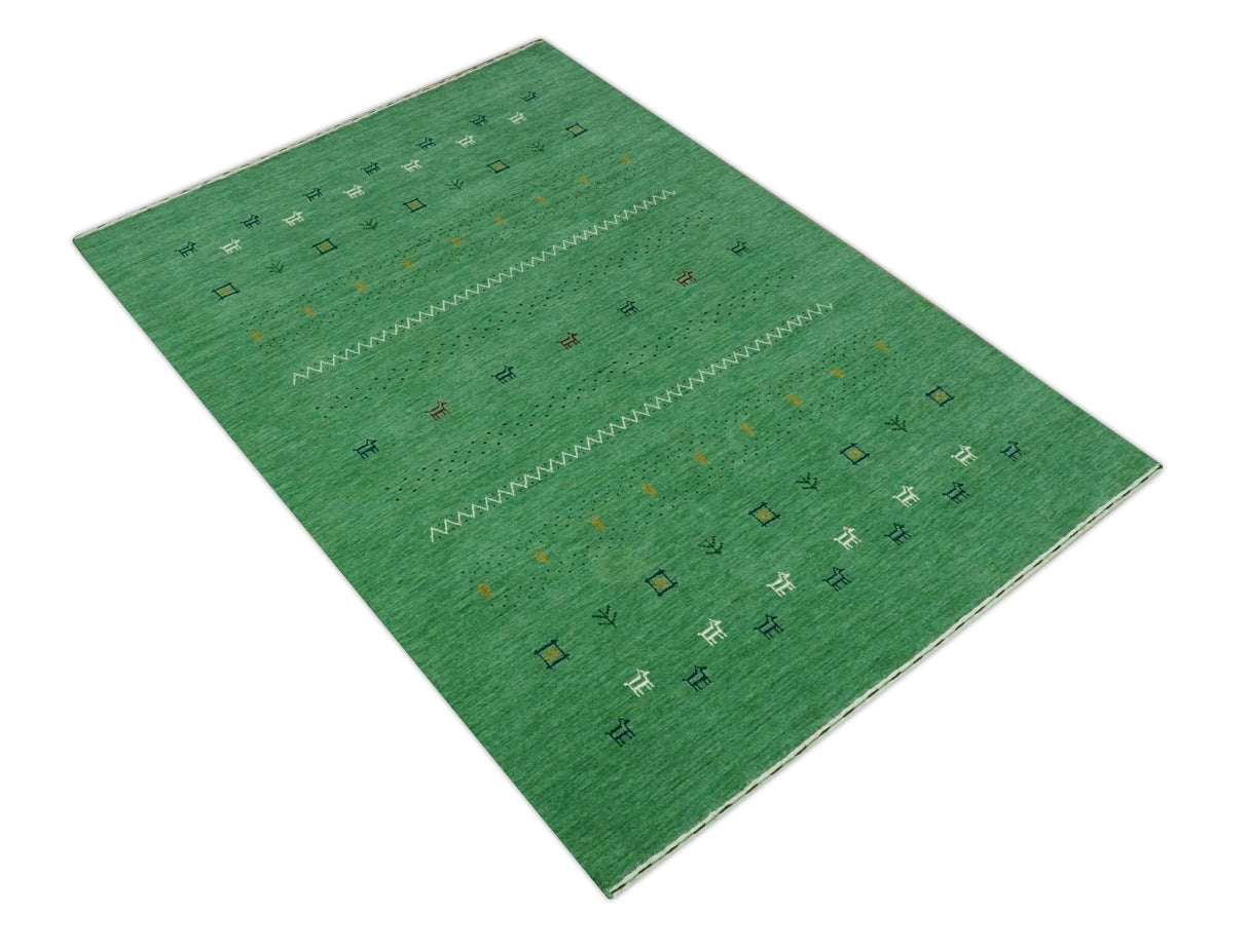 Tribal Design Green Traditional Hand loom 4.6x7 Wool Area Rug
