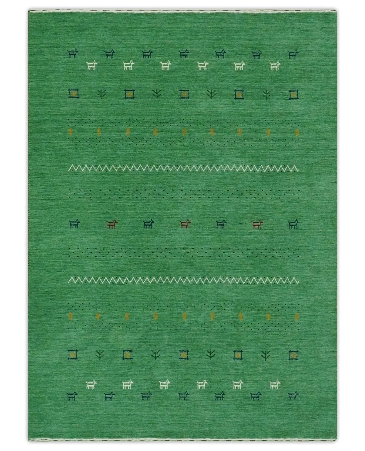 Tribal Design Green Traditional Hand loom 4.6x7 Wool Area Rug