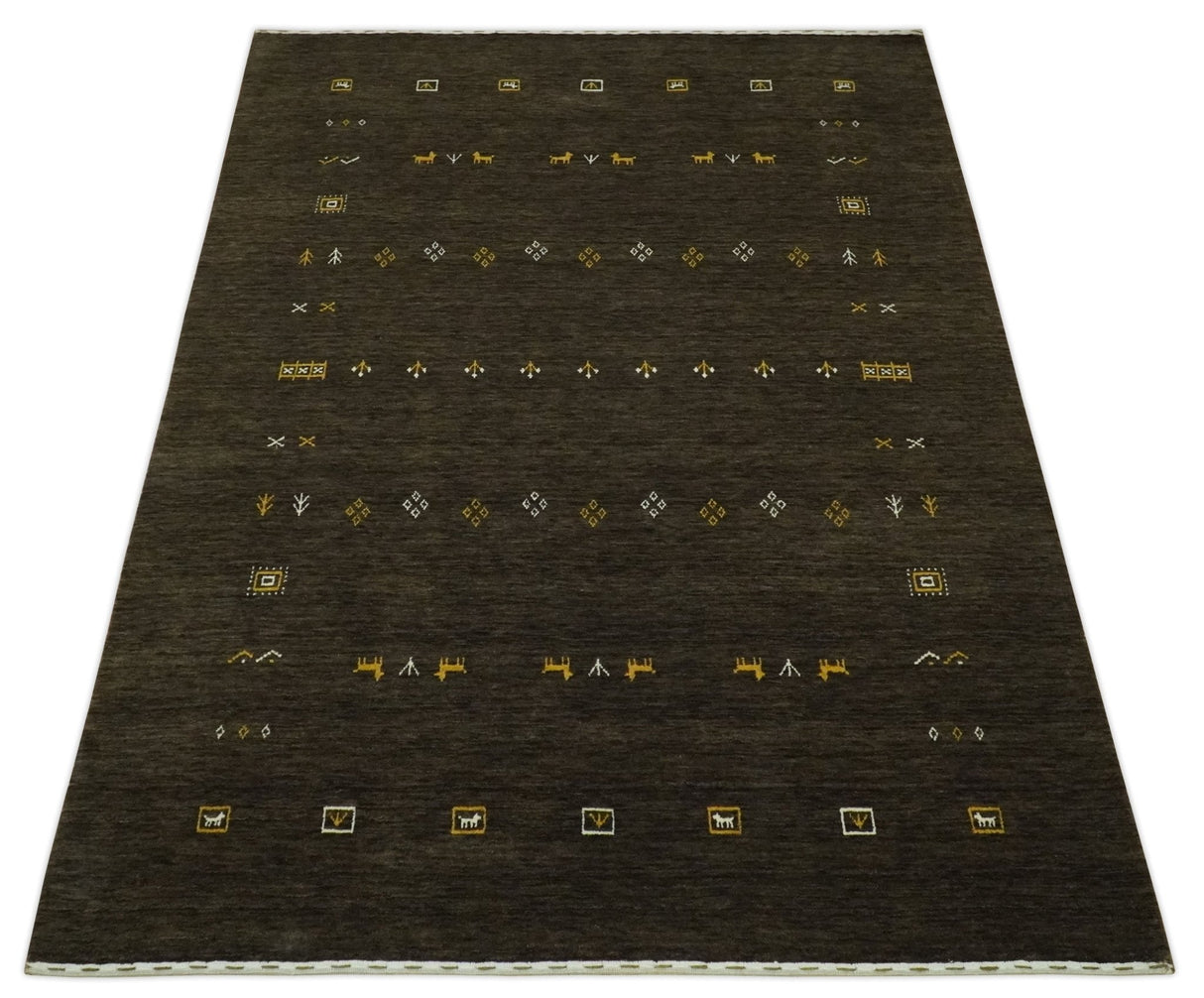 Tribal Design Greenish-Brown Traditional Hand loom 4.6x7 Wool Area Rug