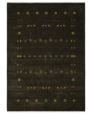 Tribal Design Greenish-Brown Traditional Hand loom 4.6x7 Wool Area Rug