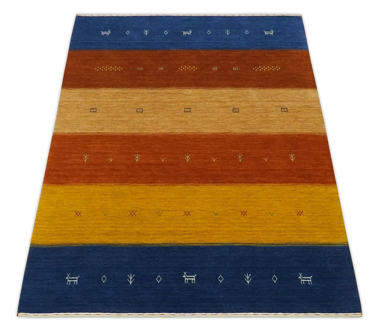 Tribal Gabbeh Blue, Brown, Gold and Rust 4.6x6.6 Stripes Design Wool area Rug