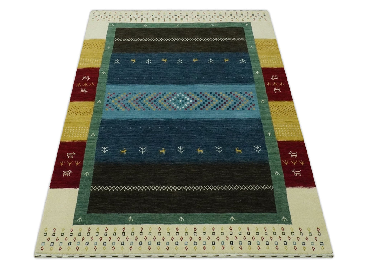 Tribal Gabbeh Blue, Gold, Maroon and Ivory Stripes design Traditional Hand loom 4.6x7 Wool Area Rug