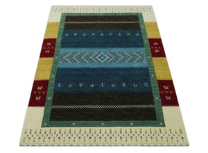 Tribal Gabbeh Blue, Gold, Maroon and Ivory Stripes design Traditional Hand loom 4.6x7 Wool Area Rug