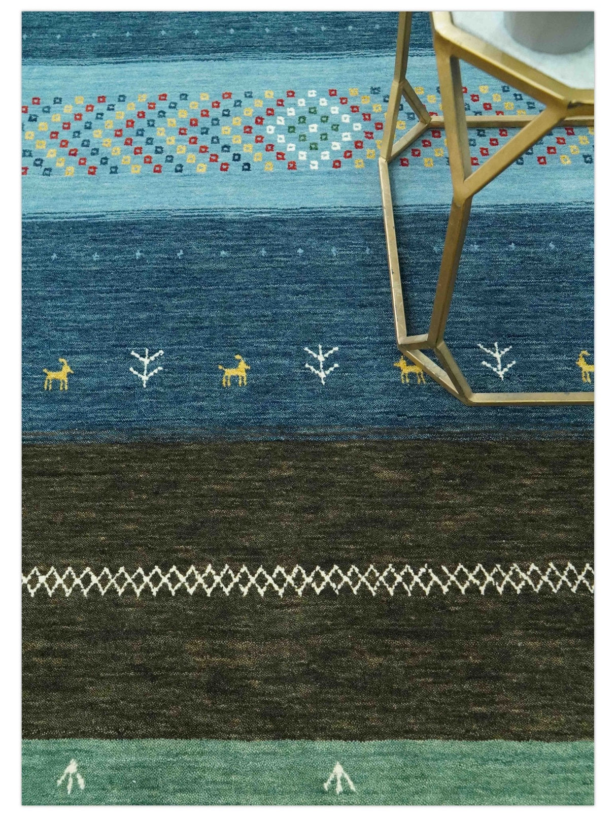 Tribal Gabbeh Blue, Gold, Maroon and Ivory Stripes design Traditional Hand loom 4.6x7 Wool Area Rug