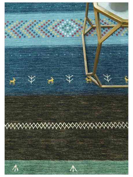 Tribal Gabbeh Blue, Gold, Maroon and Ivory Stripes design Traditional Hand loom 4.6x7 Wool Area Rug