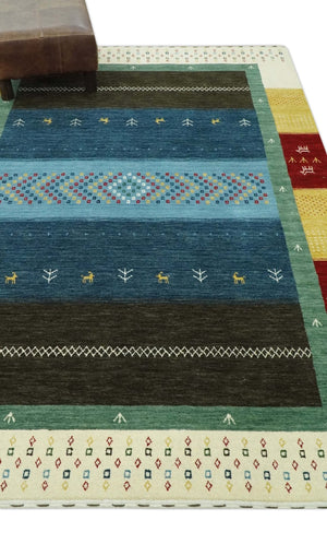 Tribal Gabbeh Blue, Gold, Maroon and Ivory Stripes design Traditional Hand loom 4.6x7 Wool Area Rug