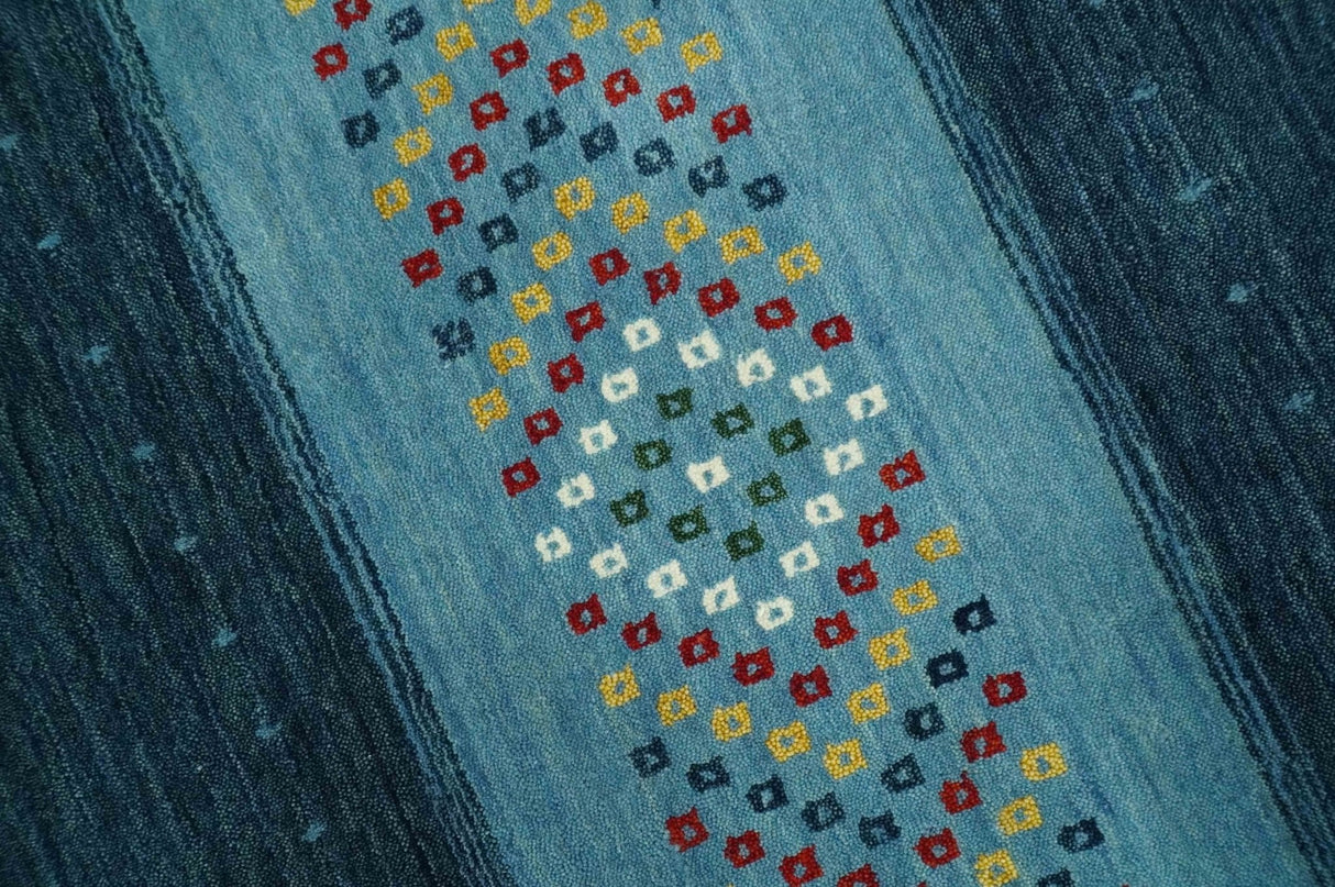 Tribal Gabbeh Blue, Gold, Maroon and Ivory Stripes design Traditional Hand loom 4.6x7 Wool Area Rug
