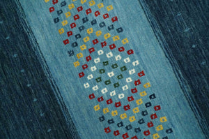 Tribal Gabbeh Blue, Gold, Maroon and Ivory Stripes design Traditional Hand loom 4.6x7 Wool Area Rug