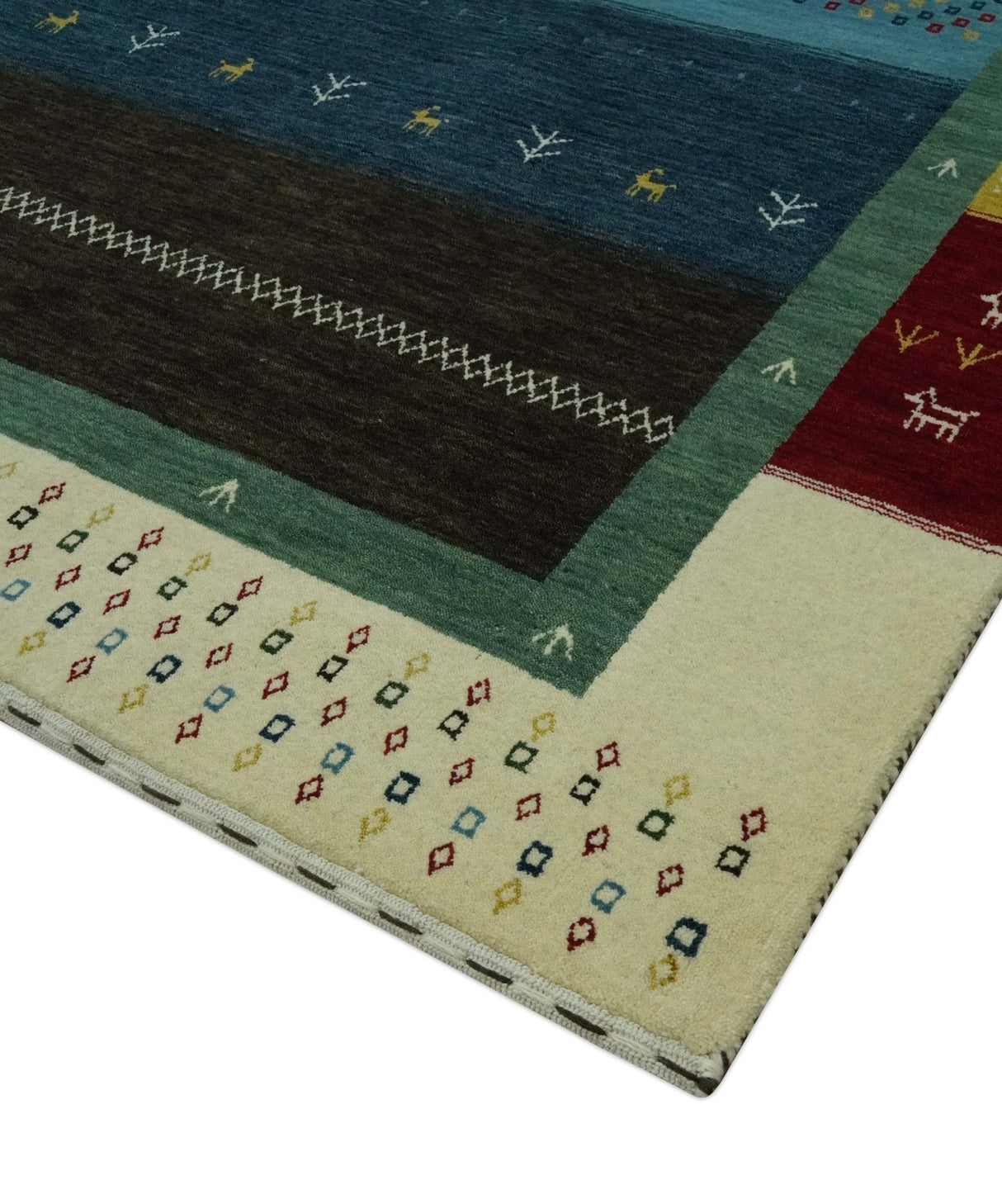 Tribal Gabbeh Blue, Gold, Maroon and Ivory Stripes design Traditional Hand loom 4.6x7 Wool Area Rug