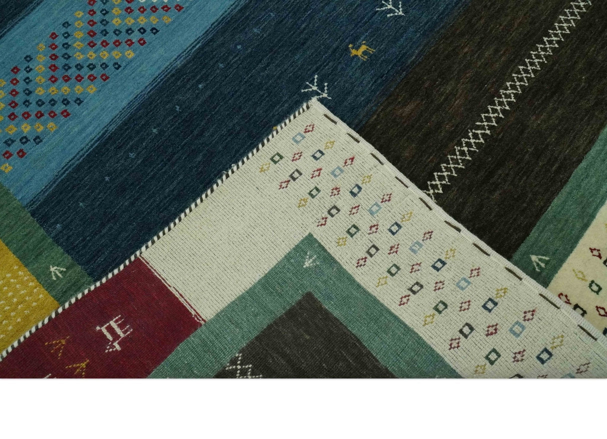 Tribal Gabbeh Blue, Gold, Maroon and Ivory Stripes design Traditional Hand loom 4.6x7 Wool Area Rug
