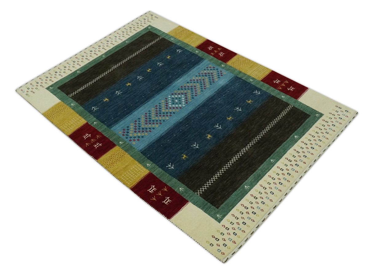 Tribal Gabbeh Blue, Gold, Maroon and Ivory Stripes design Traditional Hand loom 4.6x7 Wool Area Rug