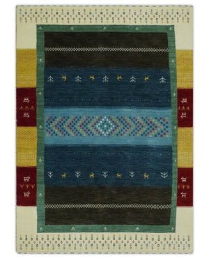 Tribal Gabbeh Blue, Gold, Maroon and Ivory Stripes design Traditional Hand loom 4.6x7 Wool Area Rug