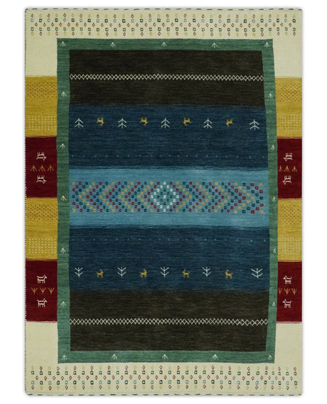 Tribal Gabbeh Blue, Gold, Maroon and Ivory Stripes design Traditional Hand loom 4.6x7 Wool Area Rug