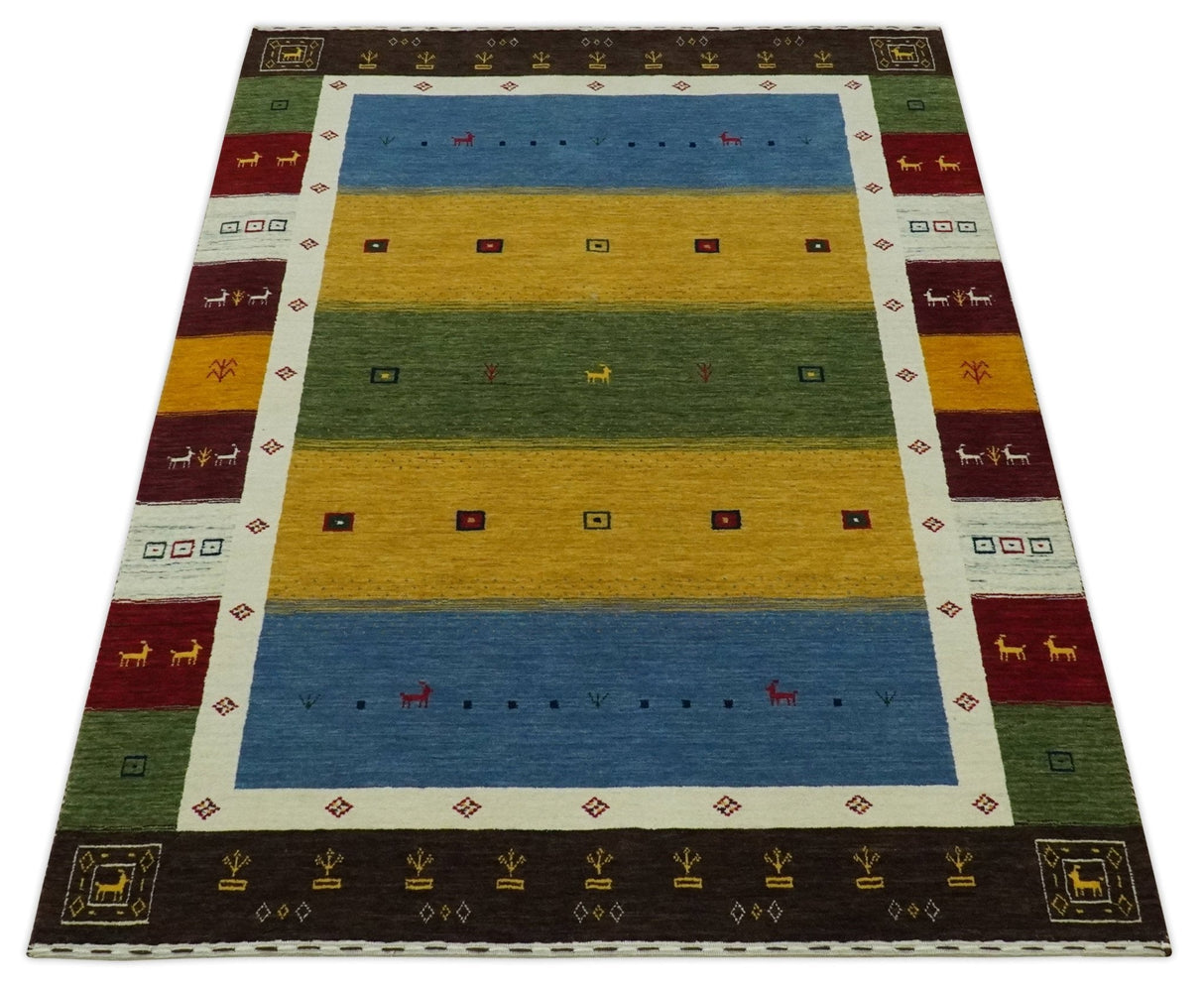 Tribal Gabbeh Green, Gold, Blue, Maroon and Ivory Stripes Design Traditional Hand loom 4.6x6.6 Wool Area Rug