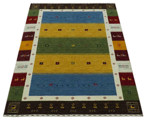 Tribal Gabbeh Green, Gold, Blue, Maroon and Ivory Stripes Design Traditional Hand loom 4.6x6.6 Wool Area Rug