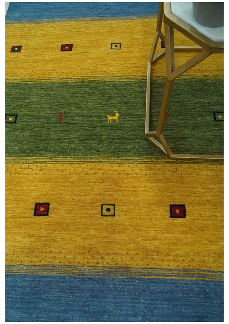 Tribal Gabbeh Green, Gold, Blue, Maroon and Ivory Stripes Design Traditional Hand loom 4.6x6.6 Wool Area Rug