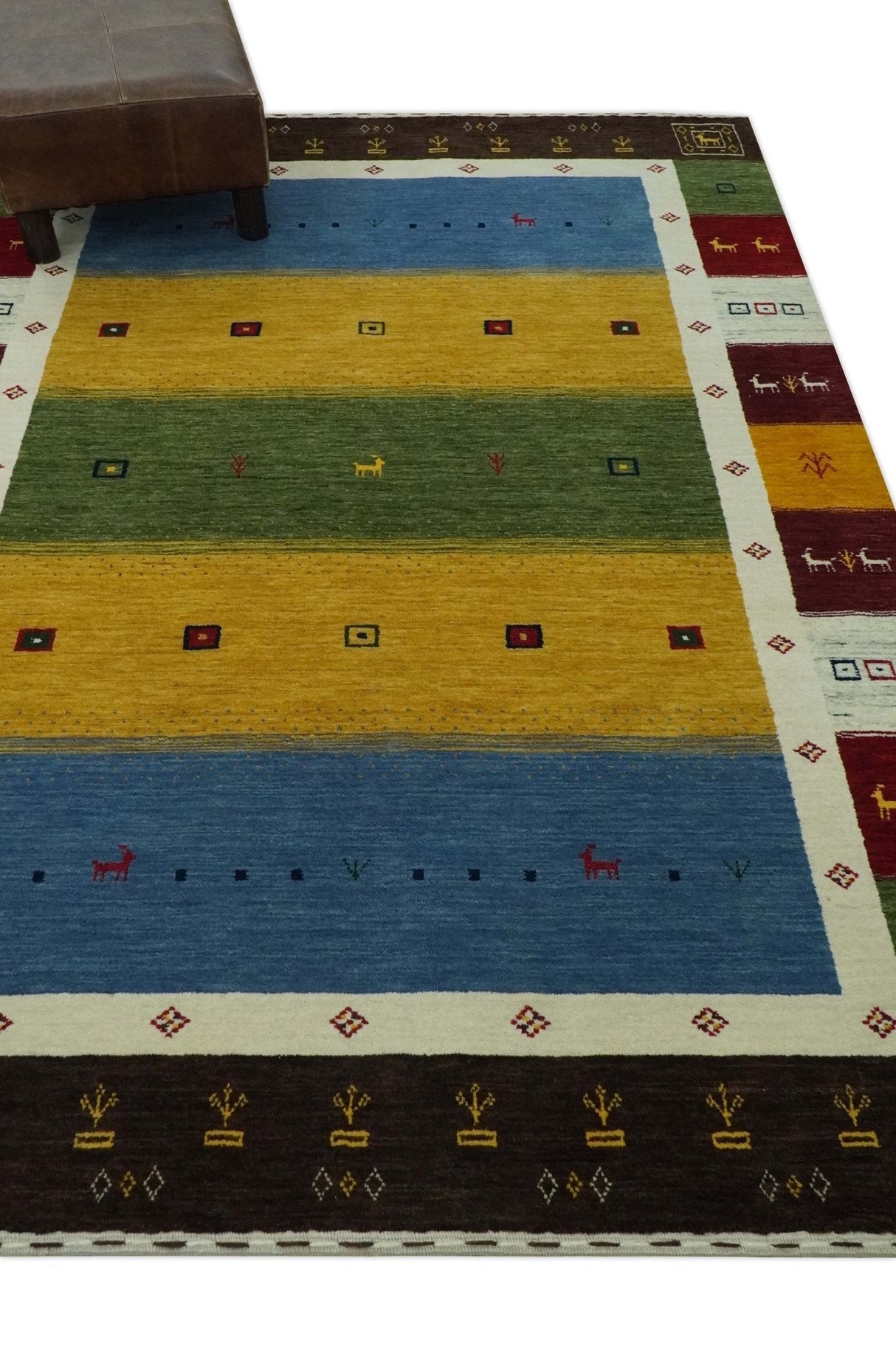 Tribal Gabbeh Green, Gold, Blue, Maroon and Ivory Stripes Design Traditional Hand loom 4.6x6.6 Wool Area Rug