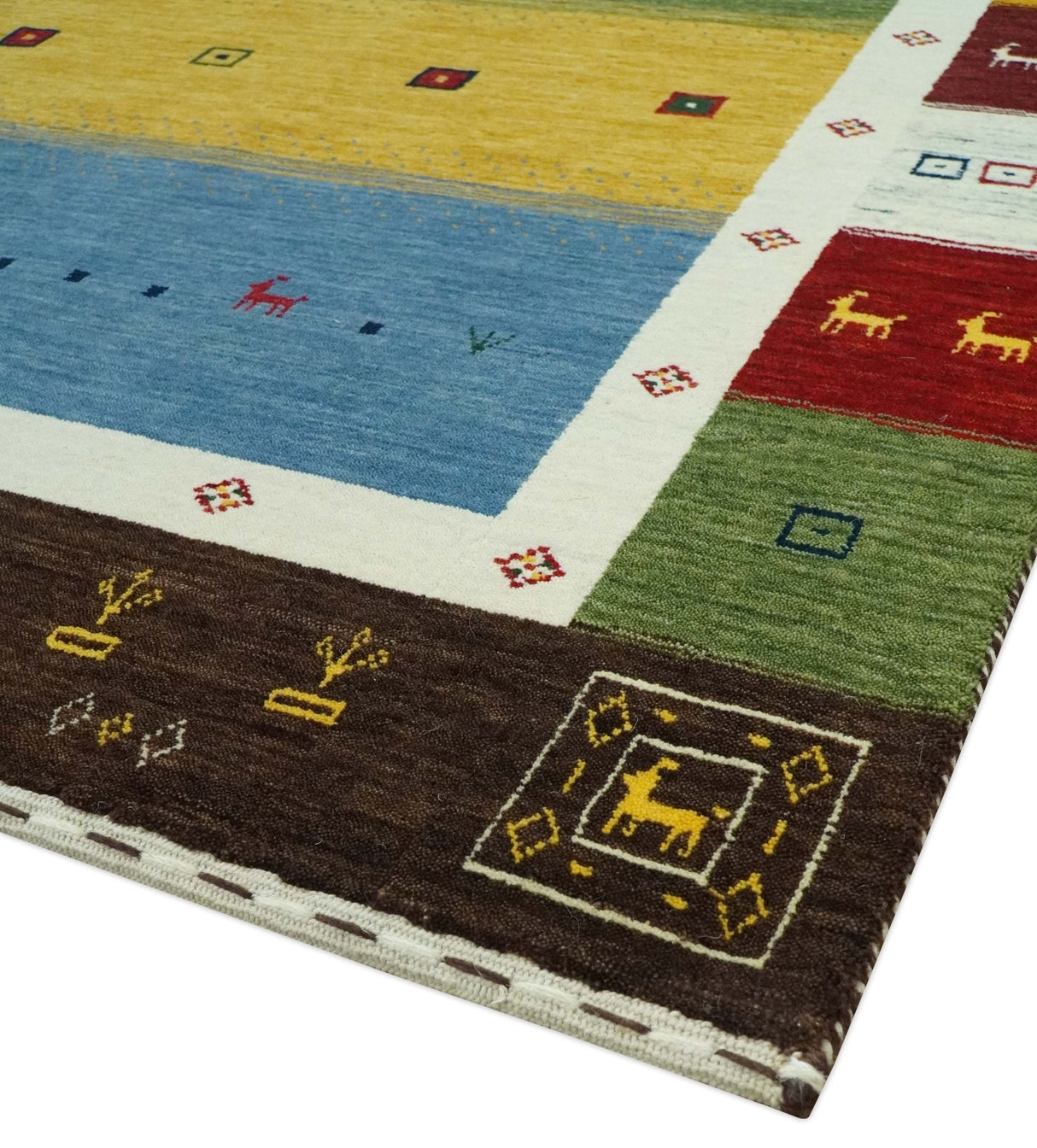 Tribal Gabbeh Green, Gold, Blue, Maroon and Ivory Stripes Design Traditional Hand loom 4.6x6.6 Wool Area Rug