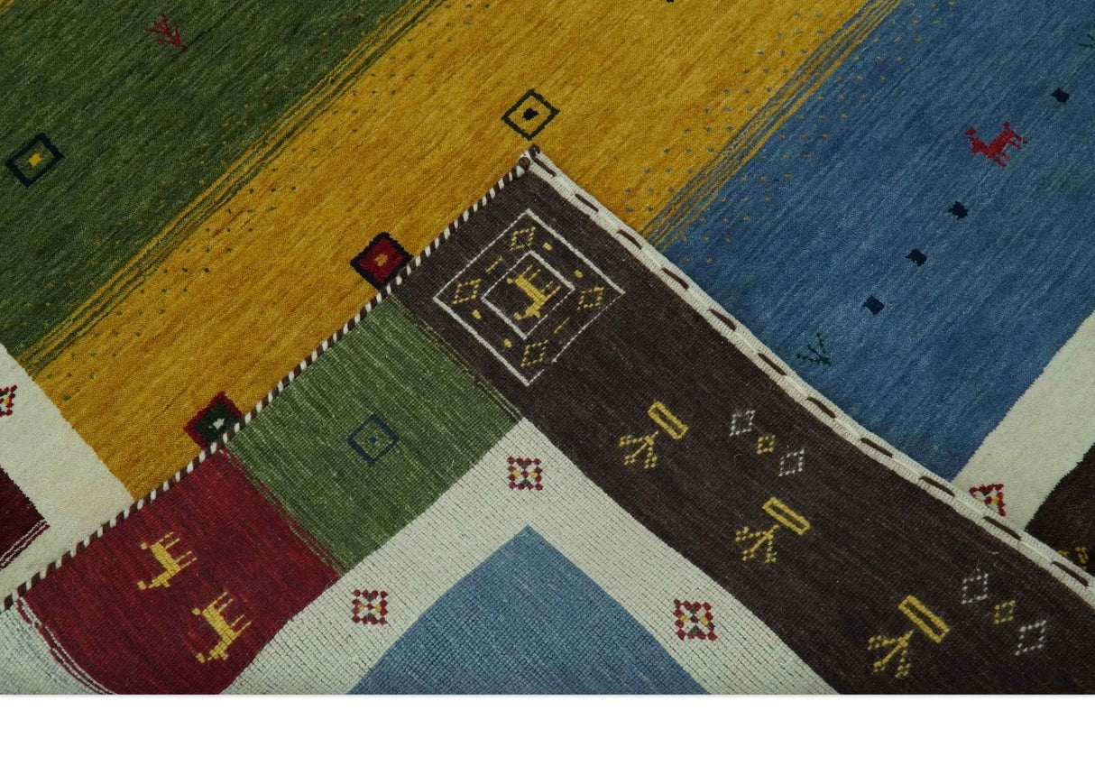 Tribal Gabbeh Green, Gold, Blue, Maroon and Ivory Stripes Design Traditional Hand loom 4.6x6.6 Wool Area Rug